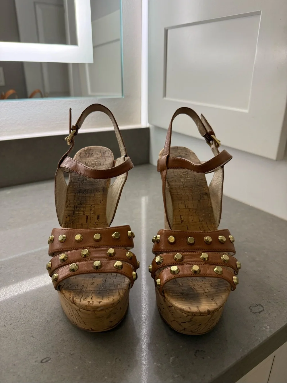 Michael Kors Brown Leather Cork Wedge Sandals with Gold Studs